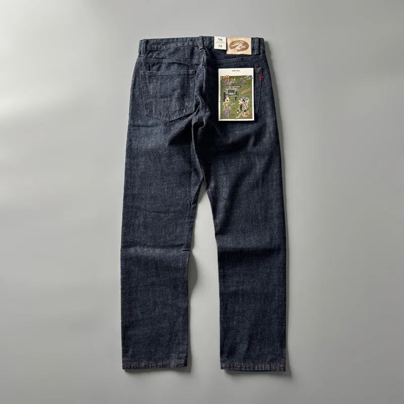 Men's straight-leg denim trousers in primary colour with American retro styling and mid-waist design