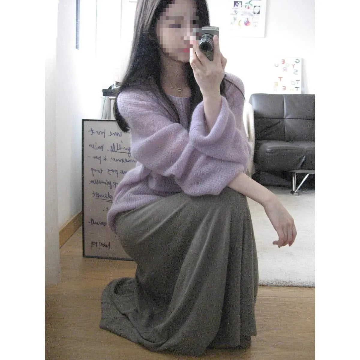 Purple ice silk blouse with round neck, princess sleeves, and hollow-out design details