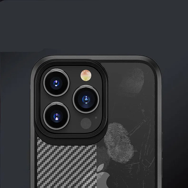 Black anti-fall protective phone case for iPhone 13 with a carbon fibre pattern on the back.