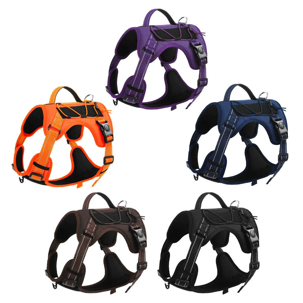 Reflective dog vest harness with hand holding rope in multiple colour options