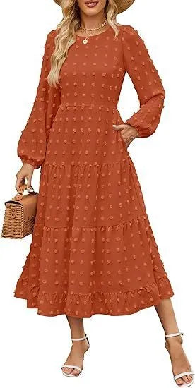 Beige long sleeve casual dress with ruffled sleeves, high waist, and round neck on a hanger.