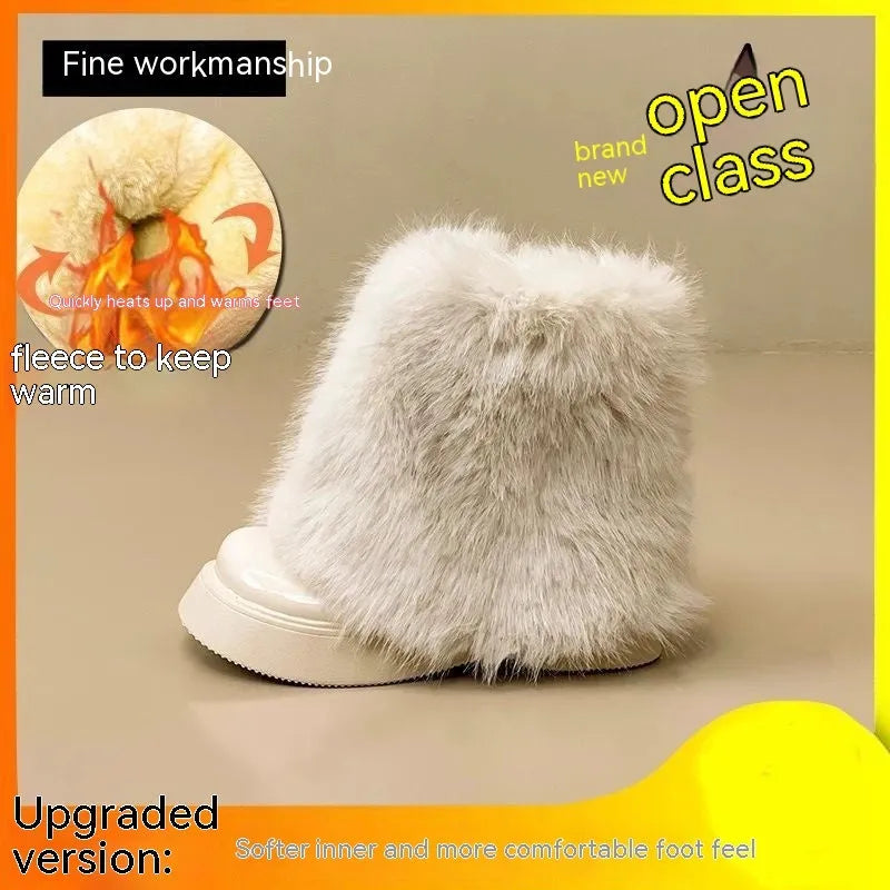 Women's black fleece-lined snow boots with a waterproof rubber platform sole on a white background.