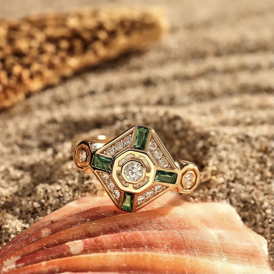 Square geometric women's emerald diamond ring with electroplated lvzuan colour finish