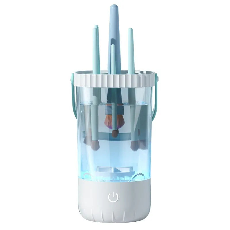White plastic electric makeup brush cleaner with USB charging cable