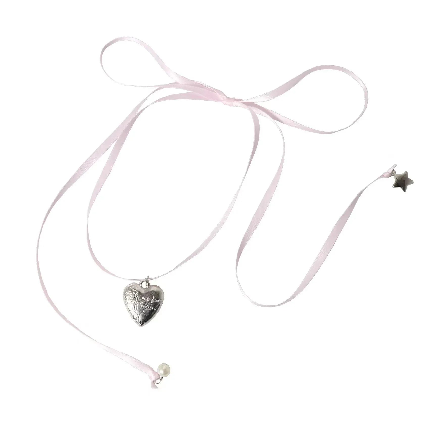 Women's ribbon love pendant fashion necklace in alloy with electroplated finish on clavicle chain.