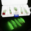 Five hard bait fishing lures with 3D fluorescent patterns and luminous elements in coordinated colour options