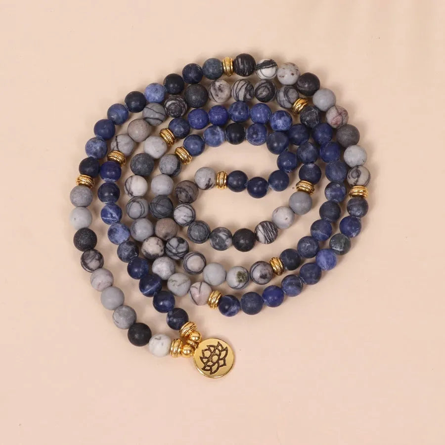 Blue patterned network stone bead multi-layer bracelet with alloy construction and adjustable fastening
