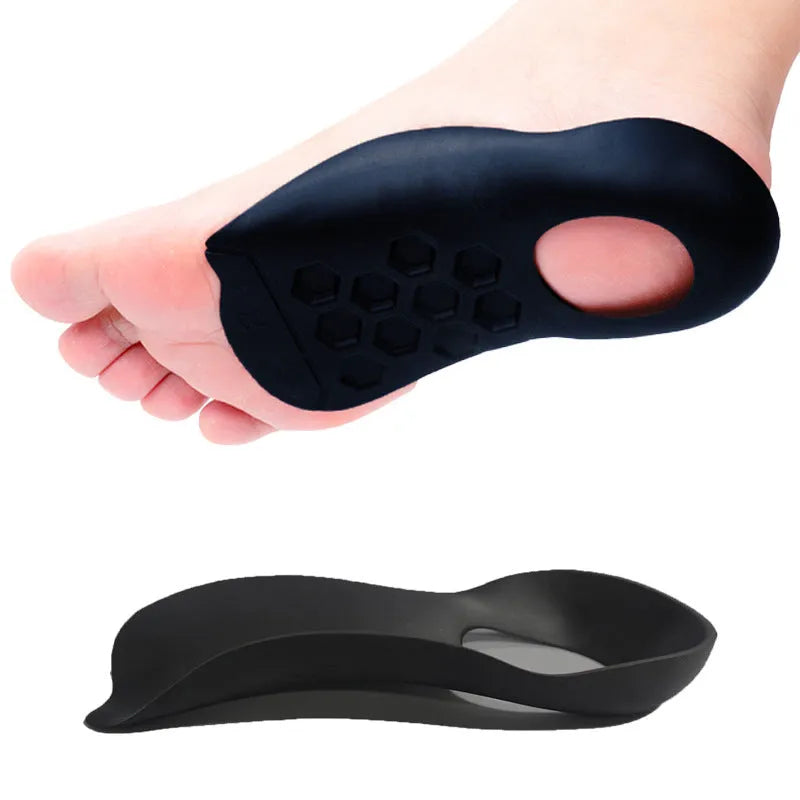 TPR varus correction arch support insoles in white, black and skin colours showing arch design