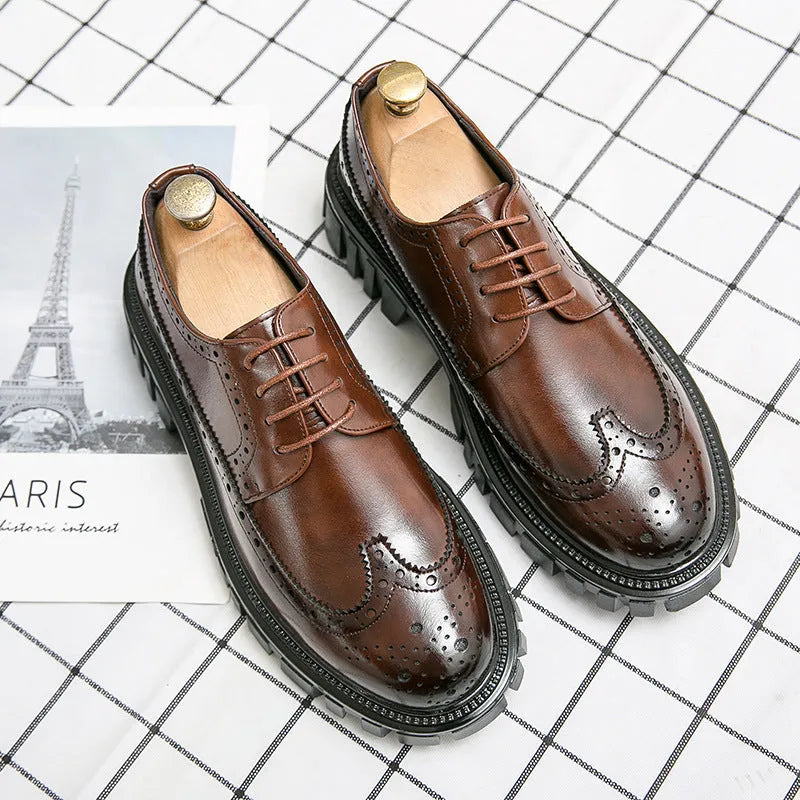 Men's black artificial PU brogue shoes with round toe on a white background.