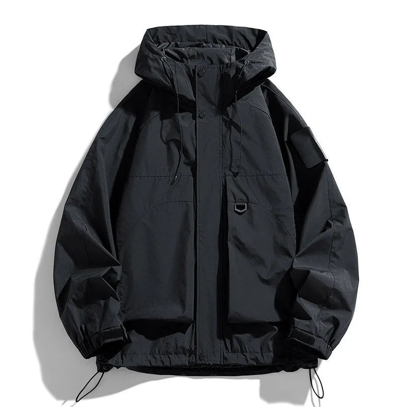 Men's hooded windproof waterproof jacket in black, ginger yellow, or purple, regular length with long sleeves.