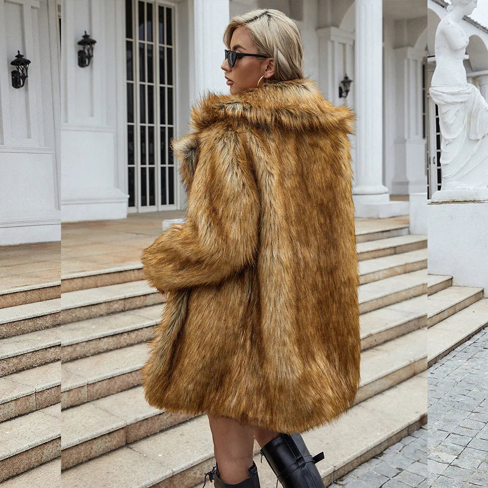 Yellow women's loose-fit faux fur coat with regular sleeves, shown on a model.