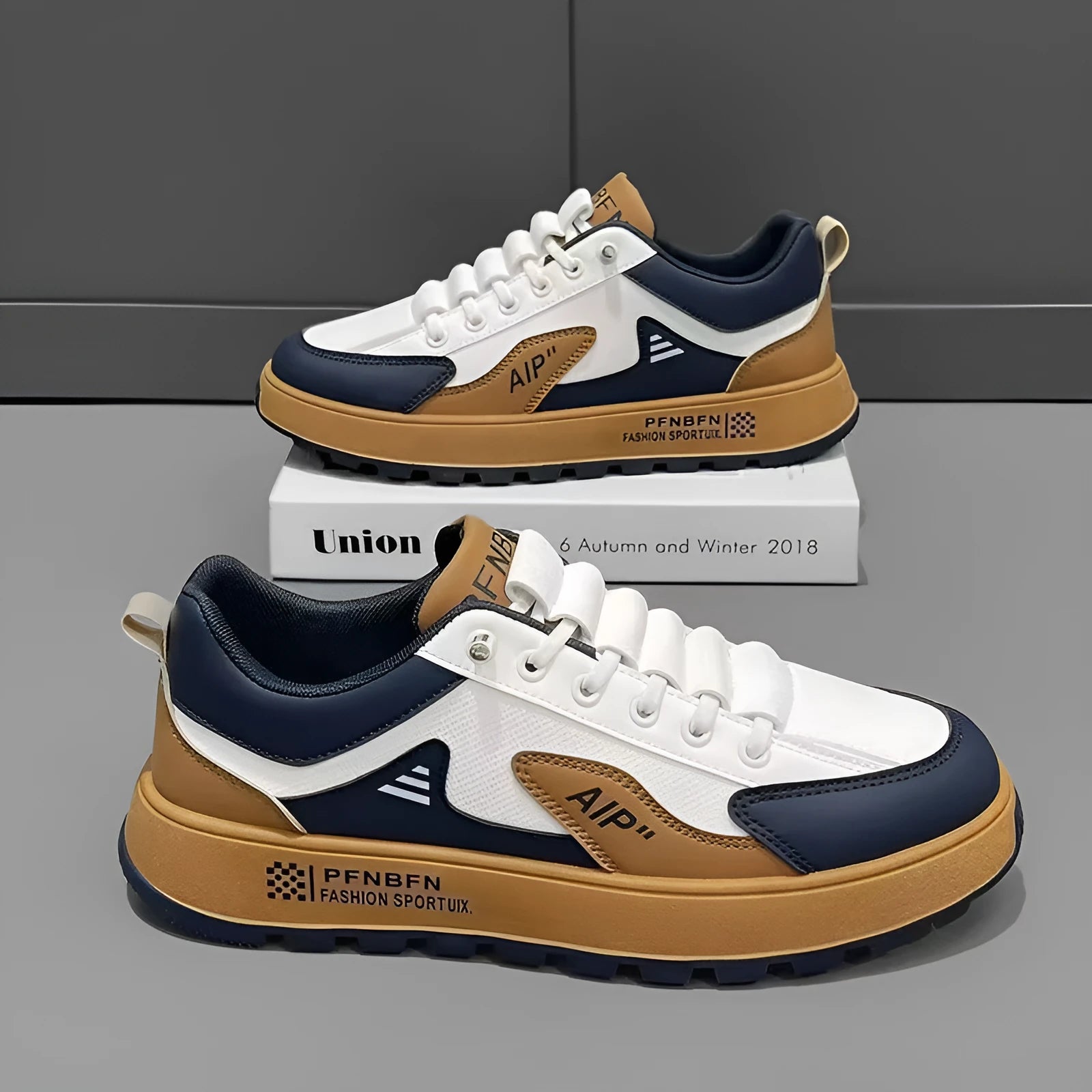 Men's white and orange casual sneakers with round toe and PU upper, shown alongside black and brown colour options.