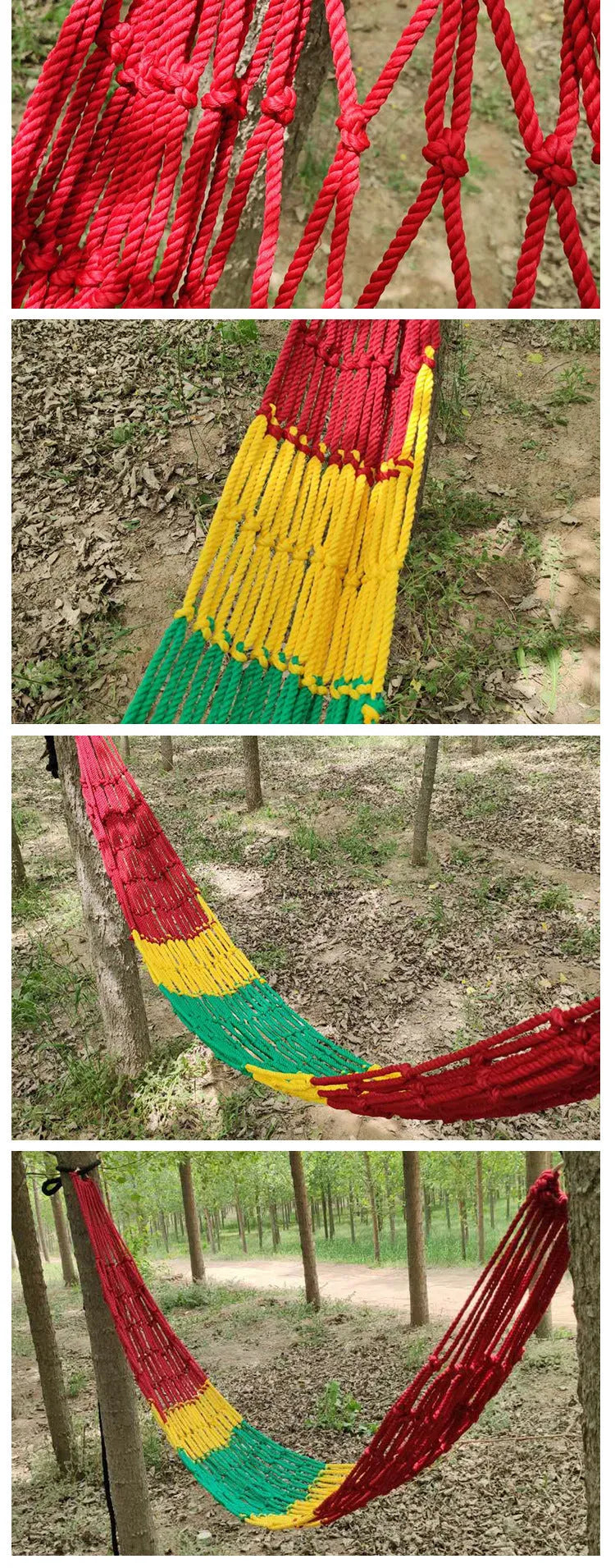 Outdoor nylon rope mesh hammock hanging between two trees showing mesh pattern and included tying ropes