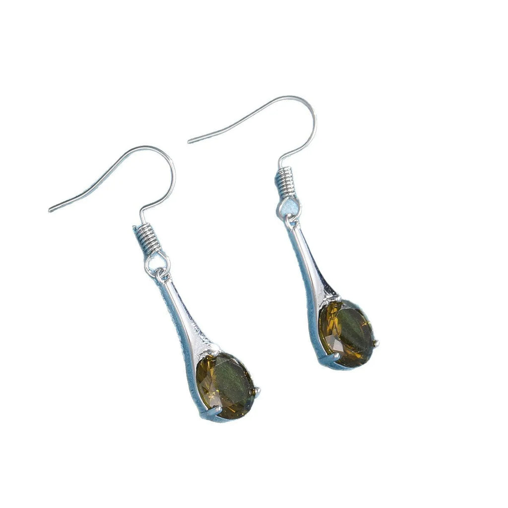 Olive green topaz water drop shaped earrings with retro style and electroplated alloy construction
