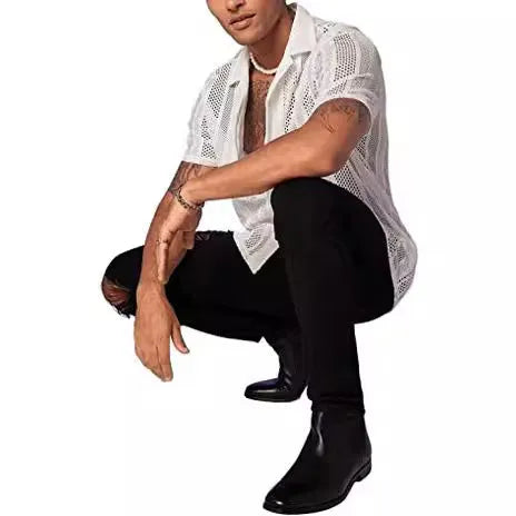 Men's white knitted short-sleeve button shirt with jacquard cardigan street fashion styling