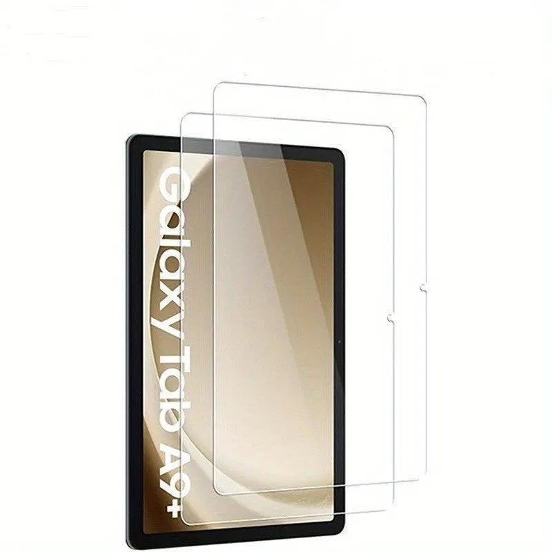 Samsung Galaxy tablet with HD tempered glass screen protector showing anti-fingerprint surface.