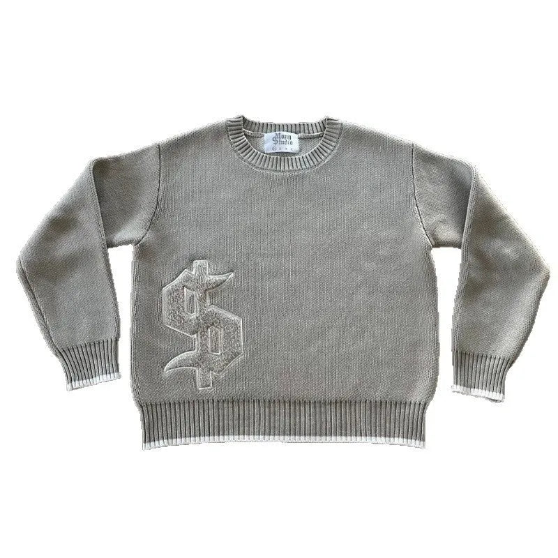 Grey jacquard loose-fitting knitwear coat with long sleeves and pullover style for autumn winter wear