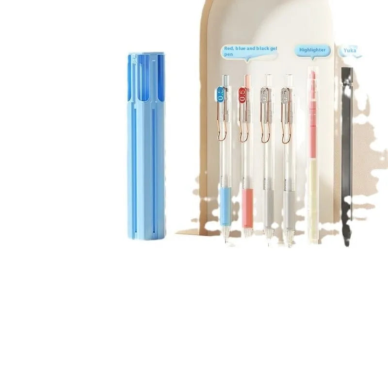 Plastic pressing pen for a six pen pencil box kit in a paper box