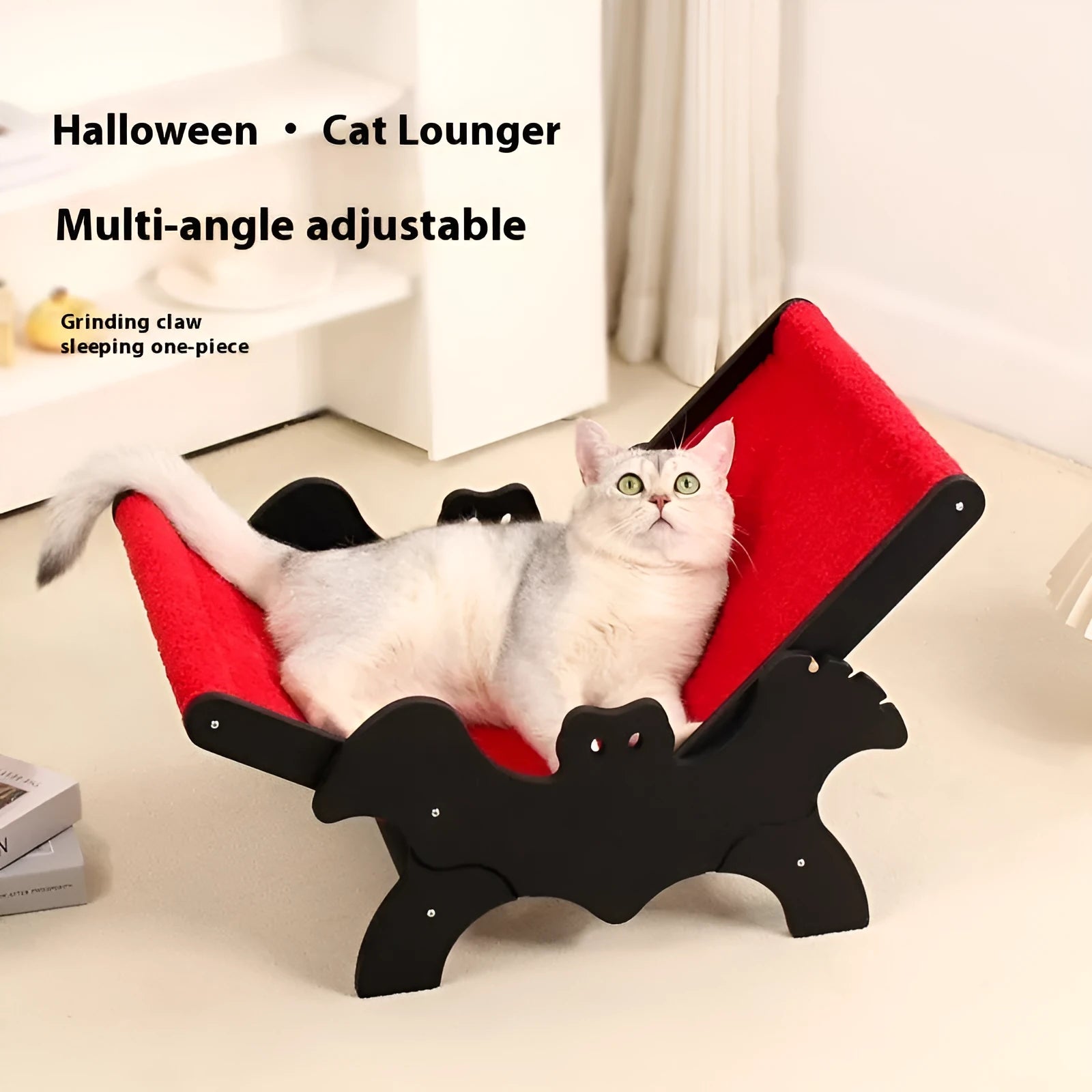 Black and red wooden cat recliner bed with bat design for Halloween theme
