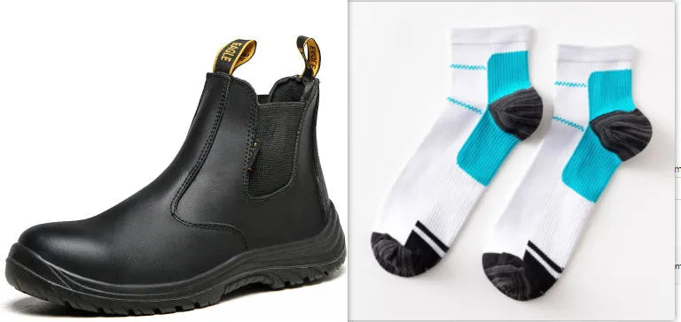Black high-top leather safety work boots with anti-piercing sole on a white background.