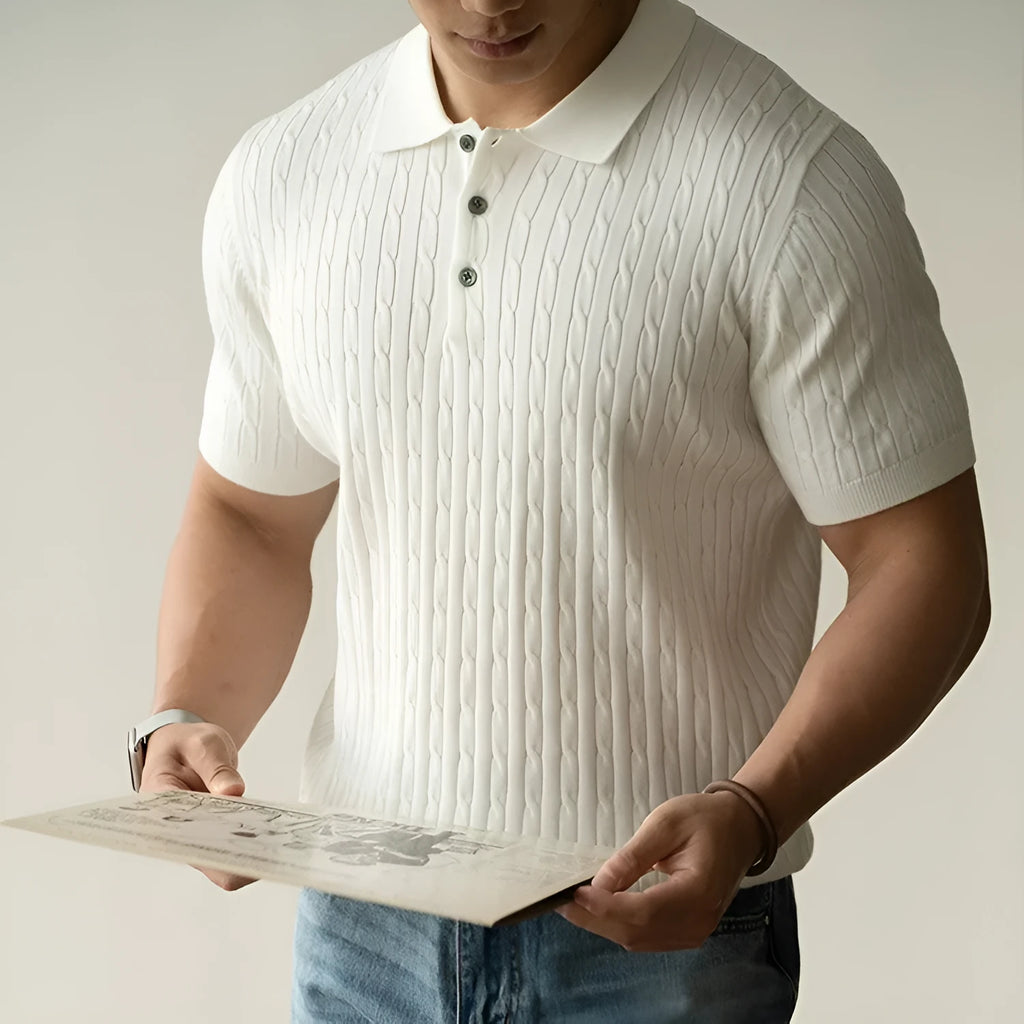 Men's khaki business commute short sleeve top showing Asian sizing options and fabric composition details
