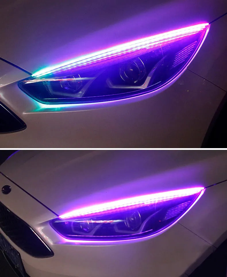 Colour-changing LED daytime running light strip with remote control for General Motors cars.