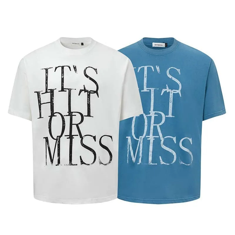 Men's blue American-style letter printed round neck T-shirt, loose fit