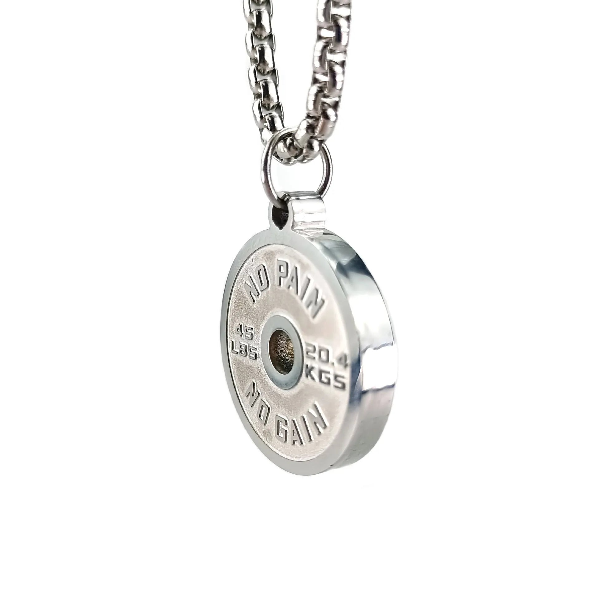 Polished stainless steel barbell disk necklace pendant with geometric design