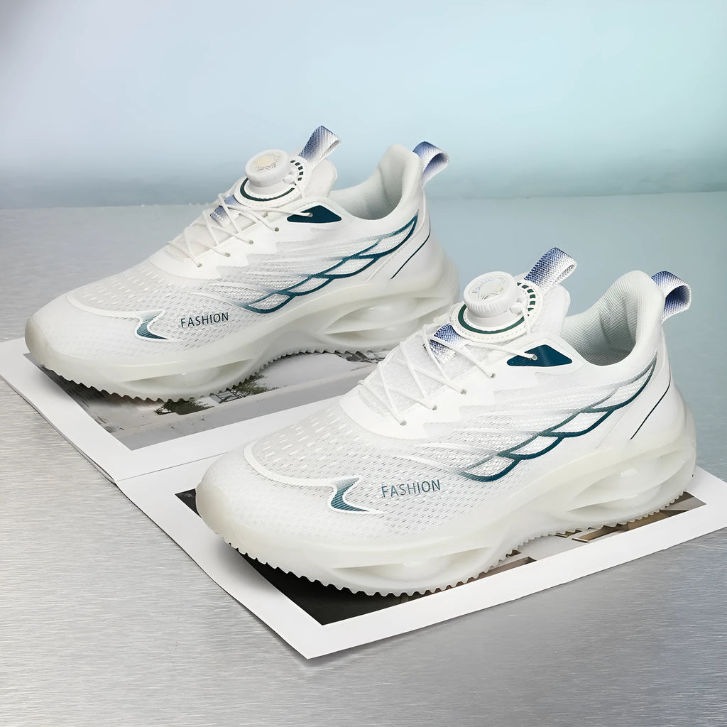 A pair of casual breathable running shoes in a solid colour with a mesh upper, rubber sole, and lace-up front.