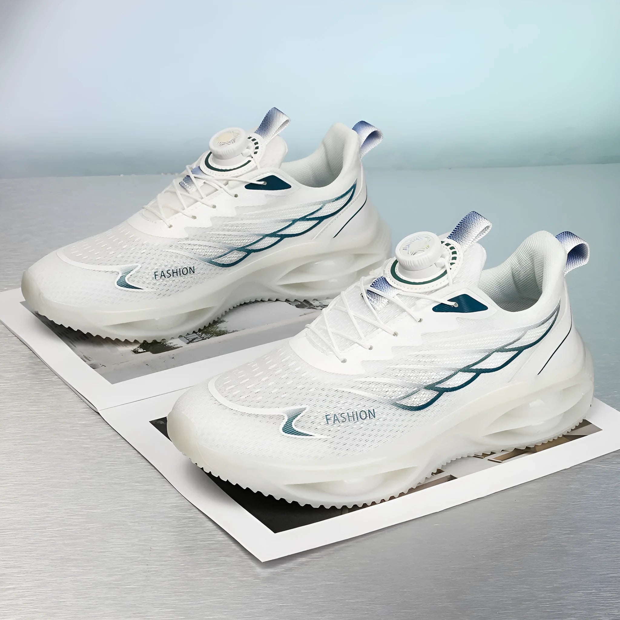 A pair of casual breathable running shoes in a solid colour with a mesh upper, rubber sole, and lace-up front.