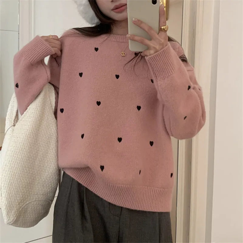 Women's acrylic pullover sweater with love embroidery in milk white colour, loose fit crew neck design