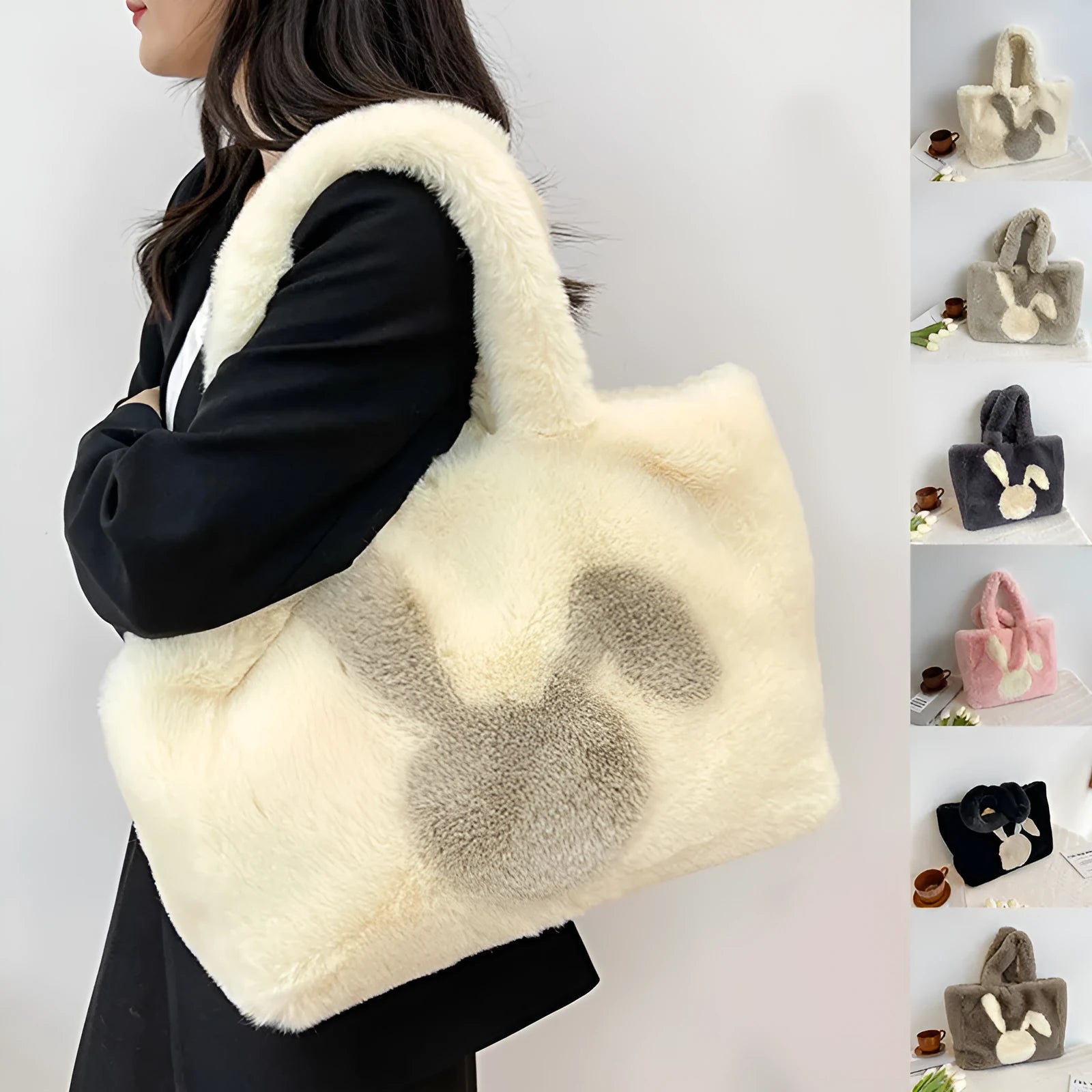 Plush rabbit ears shoulder tote bag in solid colour with cartoon design