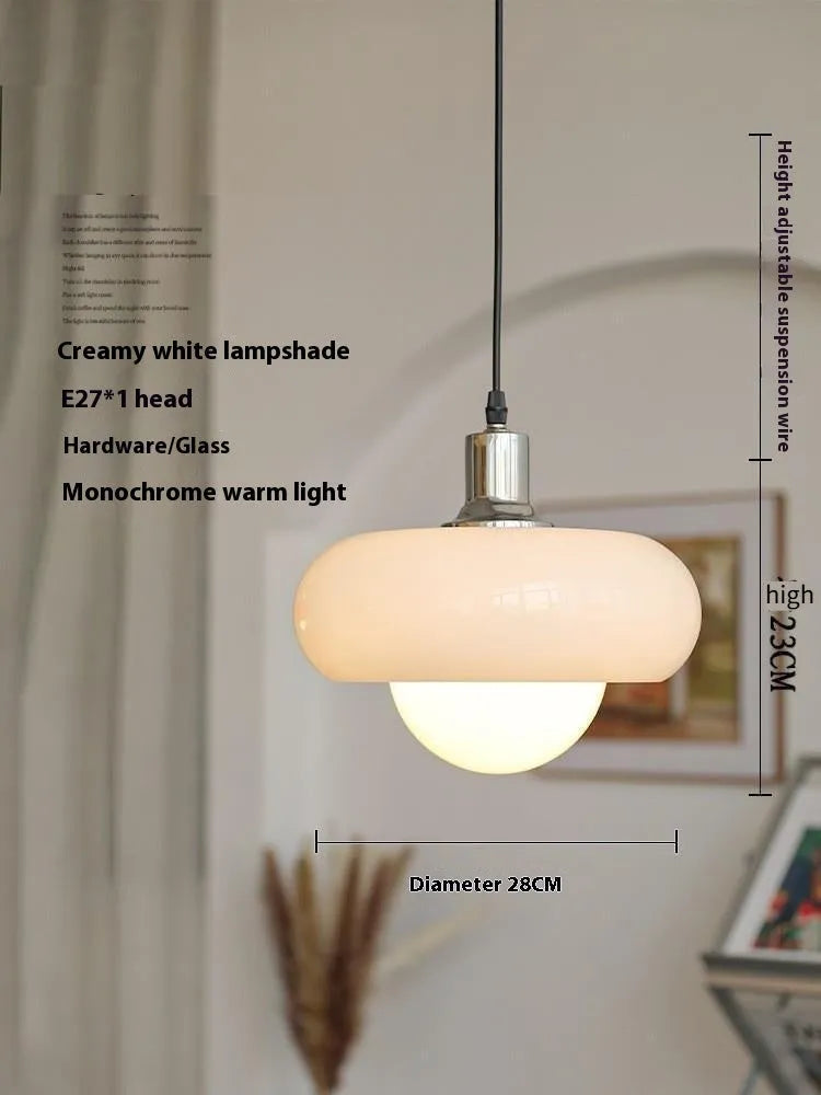 Bauhaus style three-headed pendant light with milk white egg tart glass shades