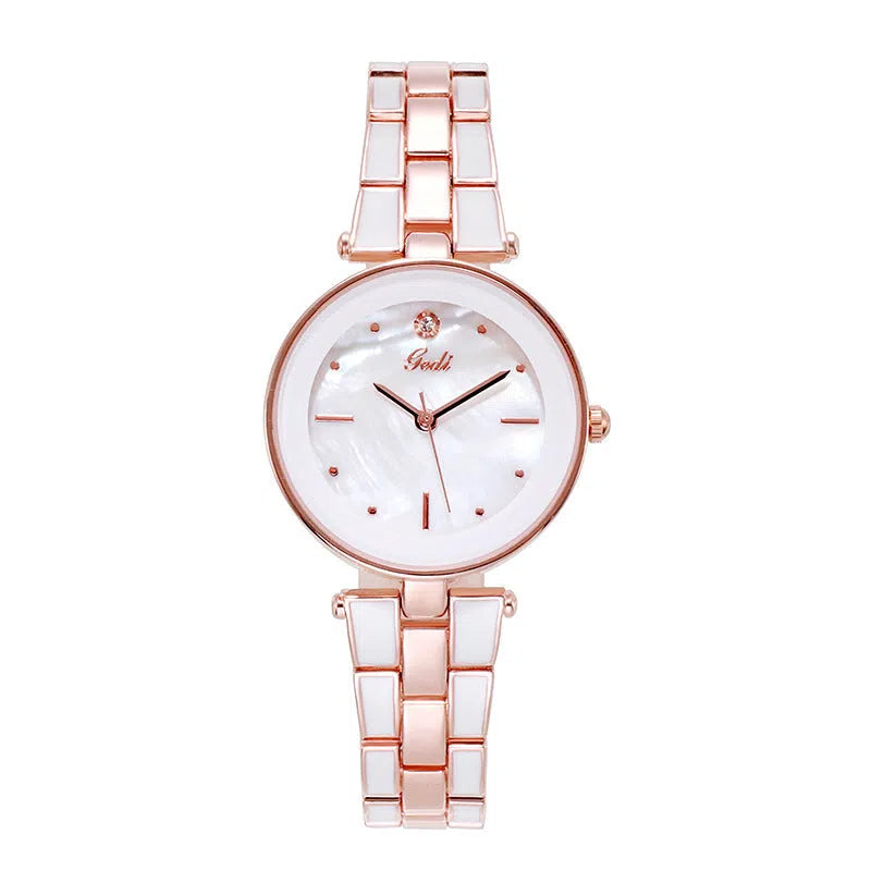Round white dial ladies quartz watch with stainless steel strap and rose gold accents
