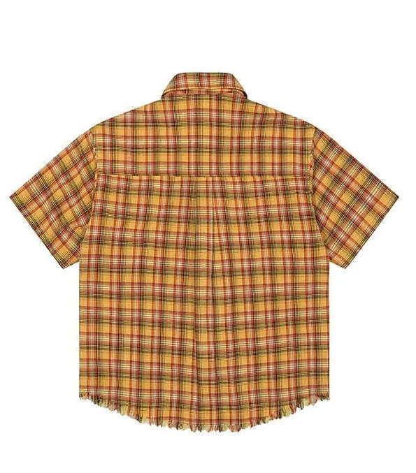 Yellow grid patterned plaid shirt with American embroidery pocket and short sleeves