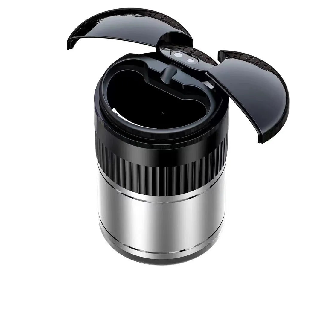 Smart infrared and touch control metal car ashtray in black, 113mm by 72mm, with lid closed