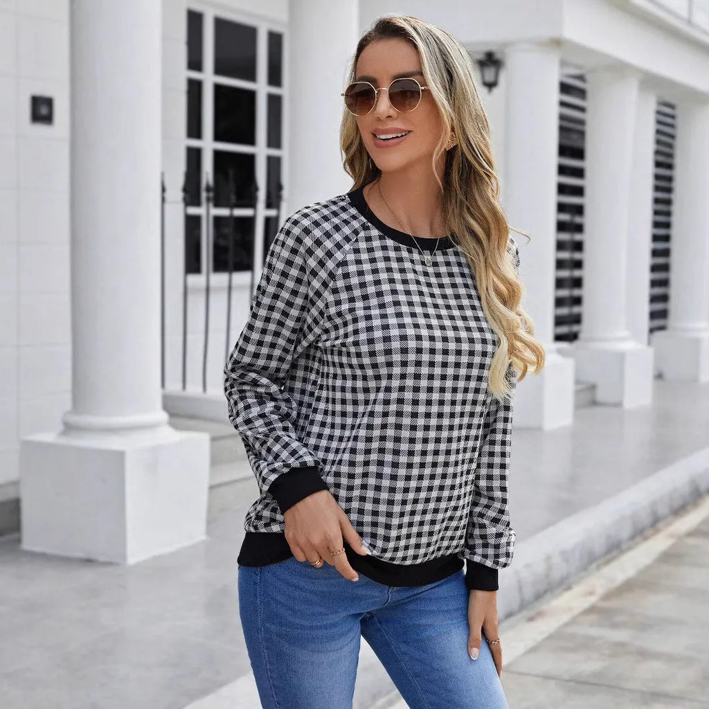Black Japanese sweet plaid pullover long sleeve polyester sweater with striped pattern