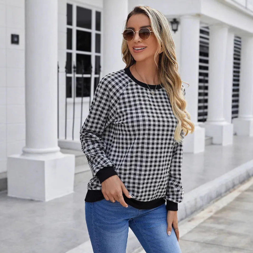 Black Japanese sweet plaid pullover long sleeve polyester sweater with striped pattern