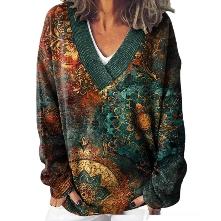 Women's retro-style V-neck sweatshirt with a 3D floral pattern print and long sleeves.