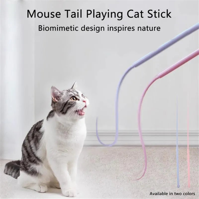 Blue cat teaser stick with long silicone tail and cat head design handle on a plain background.