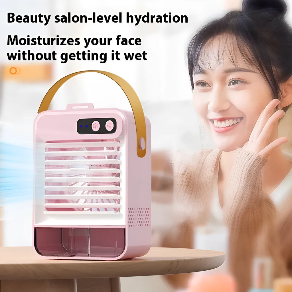 Dark green portable USB desktop air humidifier with brushless motor on a wooden desk.