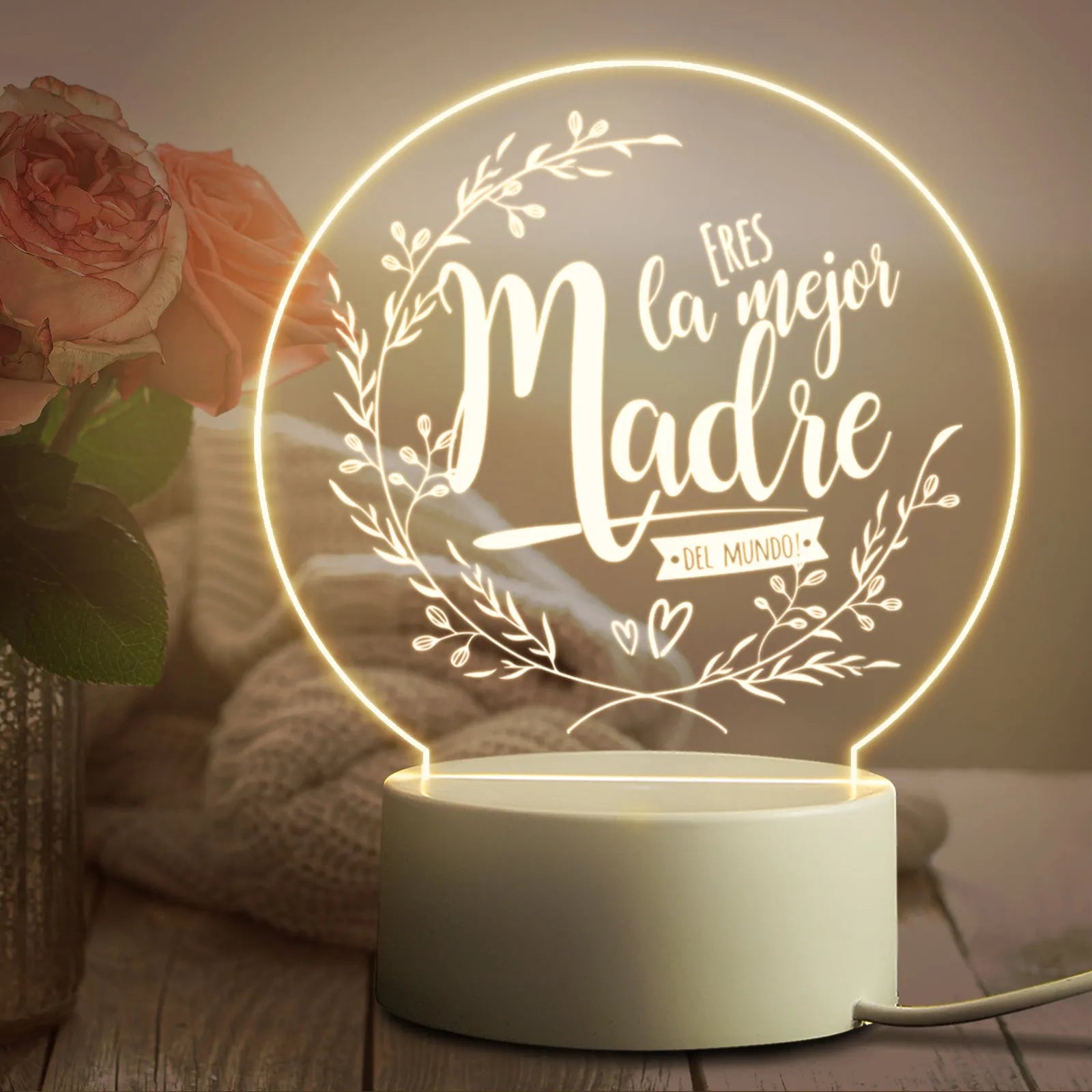 Modern minimalist LED night light with acrylic shade on a white ABS base, powered by a USB cable.