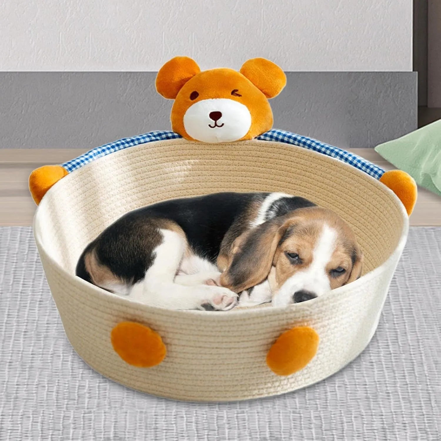 Woven cotton rope cat bed with scratching board in basket design