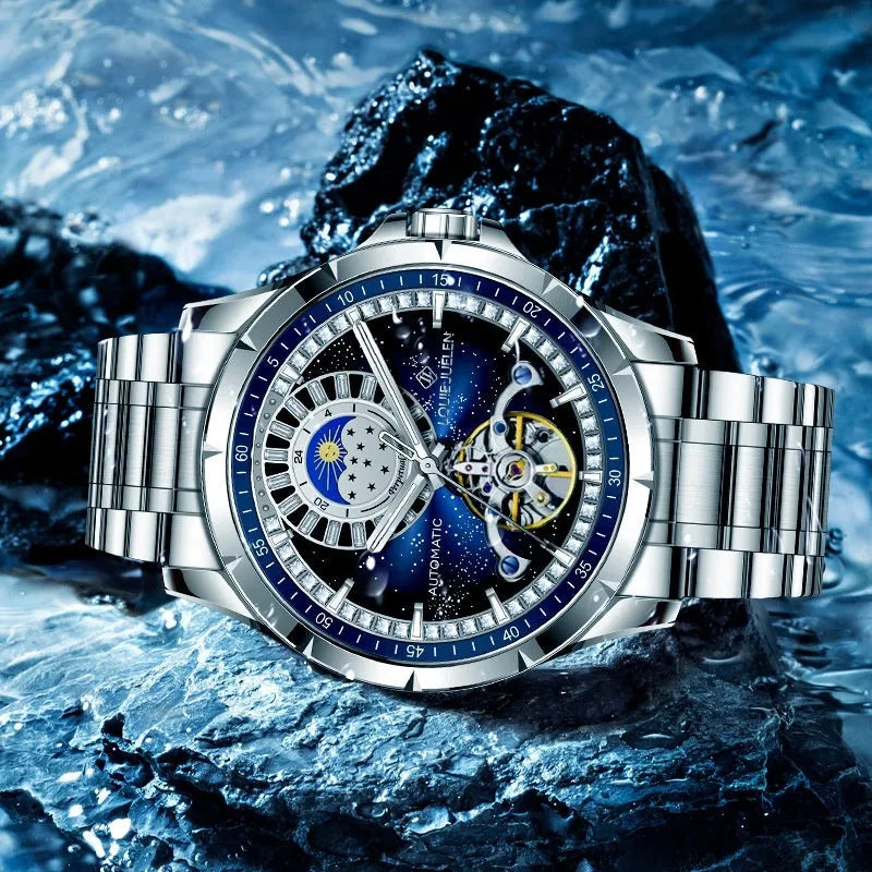 Silver alloy automatic mechanical watch with blue dial and stainless steel butterfly buckle strap