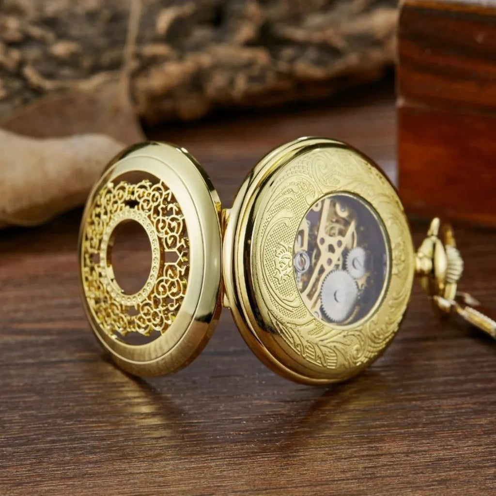 Retro automatic mechanical pocket watch with floral print hollow dial and transparent case back.
