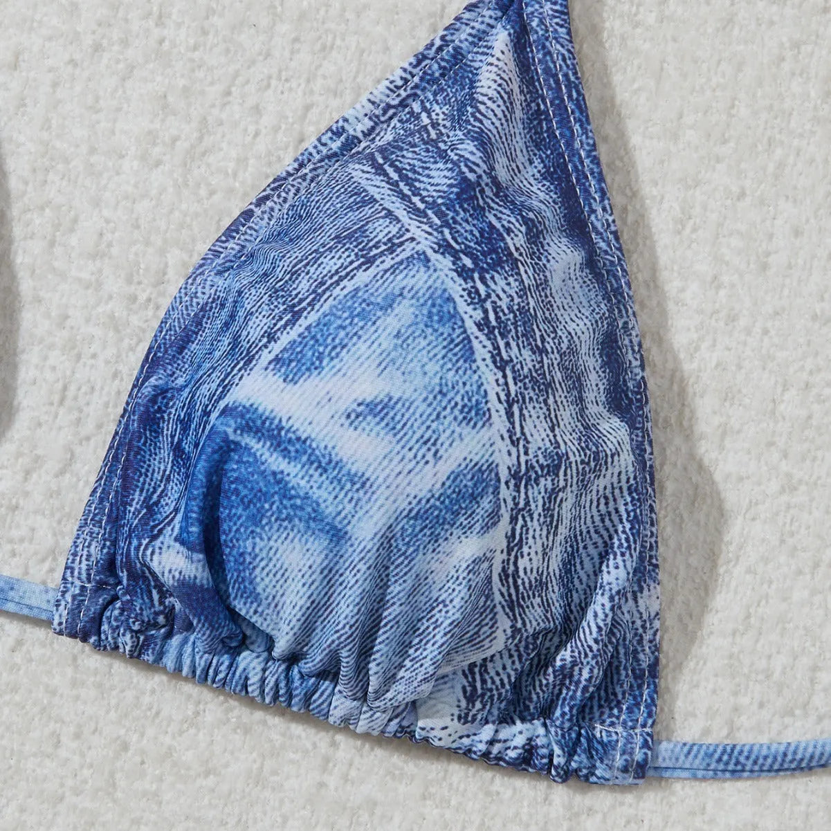 Women's denim blue printed bikini set with adjustable straps shown front and back