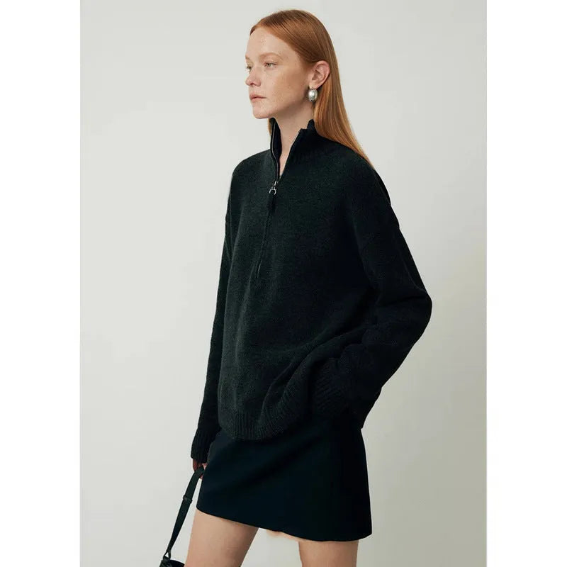 Loose lapels wool bandage dress in black, showing long sleeves and pullover style.