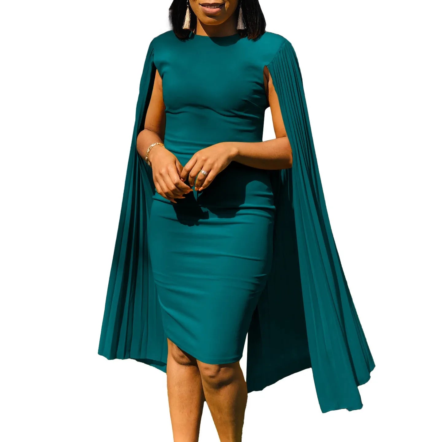 High-waisted polyester evening gown with long sleeves and pleated skirt in yellow colour