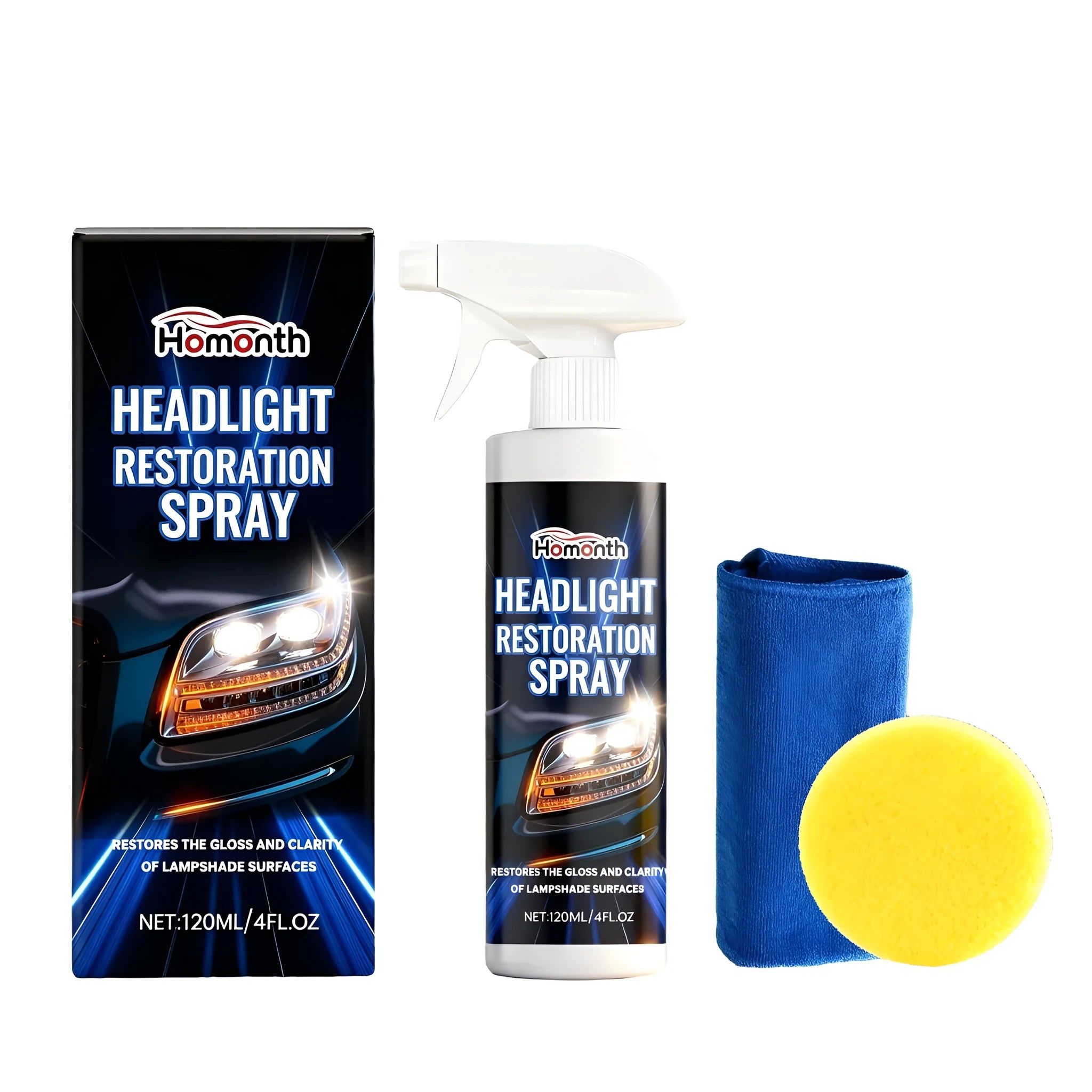 HOMONTH 120ml headlight restoration spray bottle with sponge and microfibre towel kit