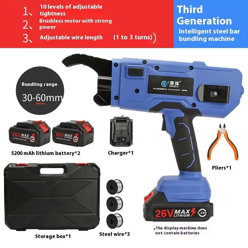 Automatic electric steel bar tying machine with battery and coil of wire for construction sites.